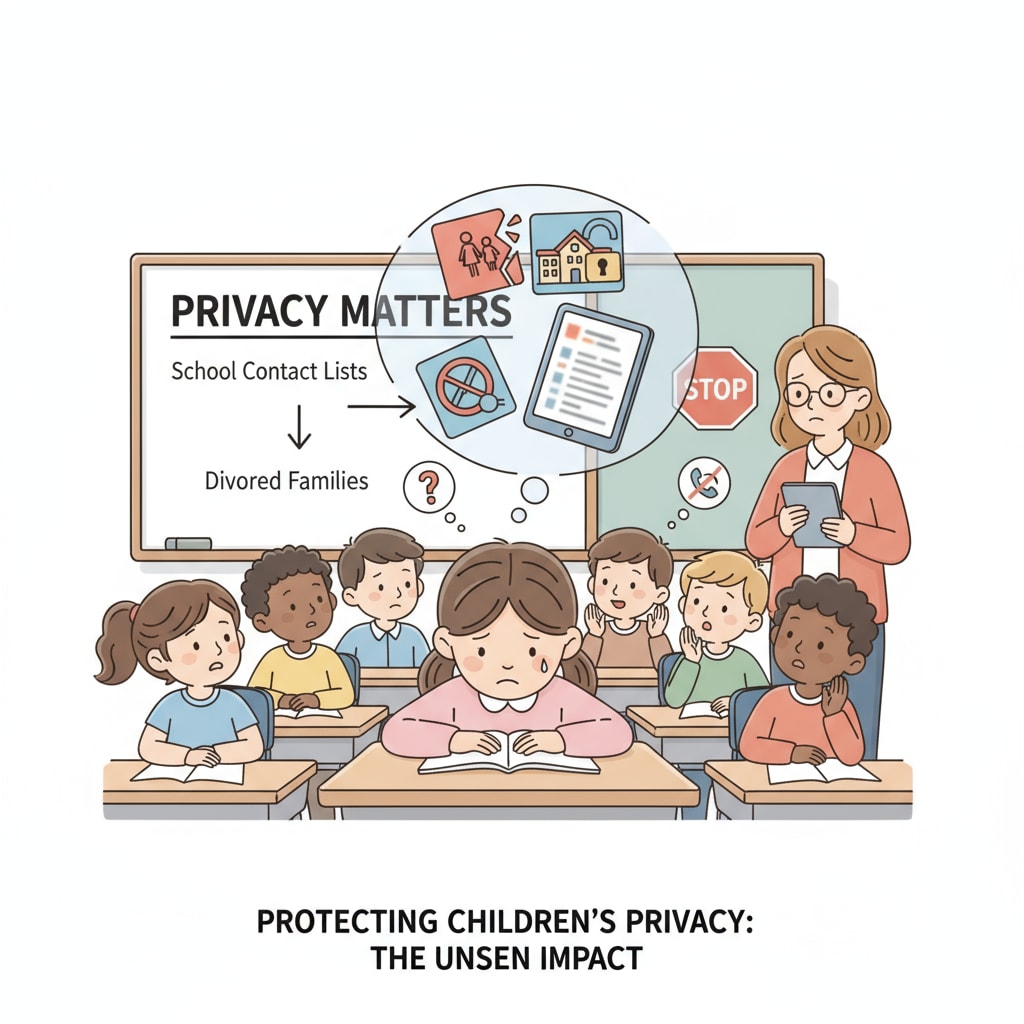A group of students are in a classroom setting. One of the students looks upset, symbolizing the impact of privacy breaches in school contact lists on children from divorced families. A student looking upset in a classroom because of school contact list privacy related to parental divorce