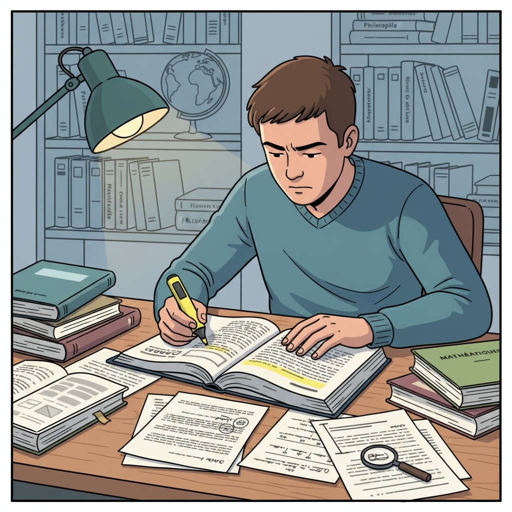 A student is carefully looking through baccalauréat syllabus books, highlighting important points. A student studying baccalauréat syllabus materials for effective exam preparation