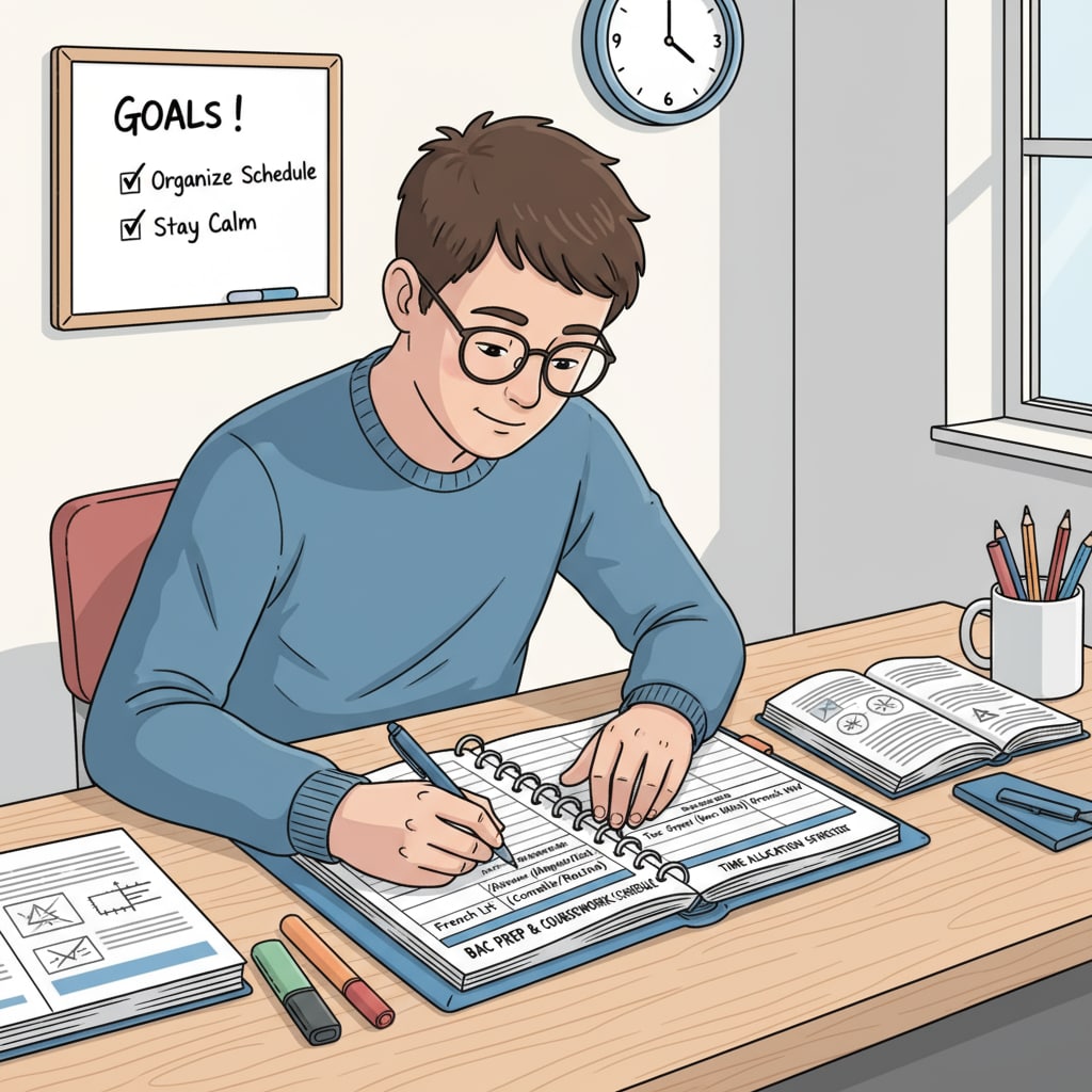 A student is sitting at a desk, using a planner to write down study tasks and allocate time for baccalauréat preparation and regular coursework. A student using a planner to manage study time for baccalauréat and daily studies