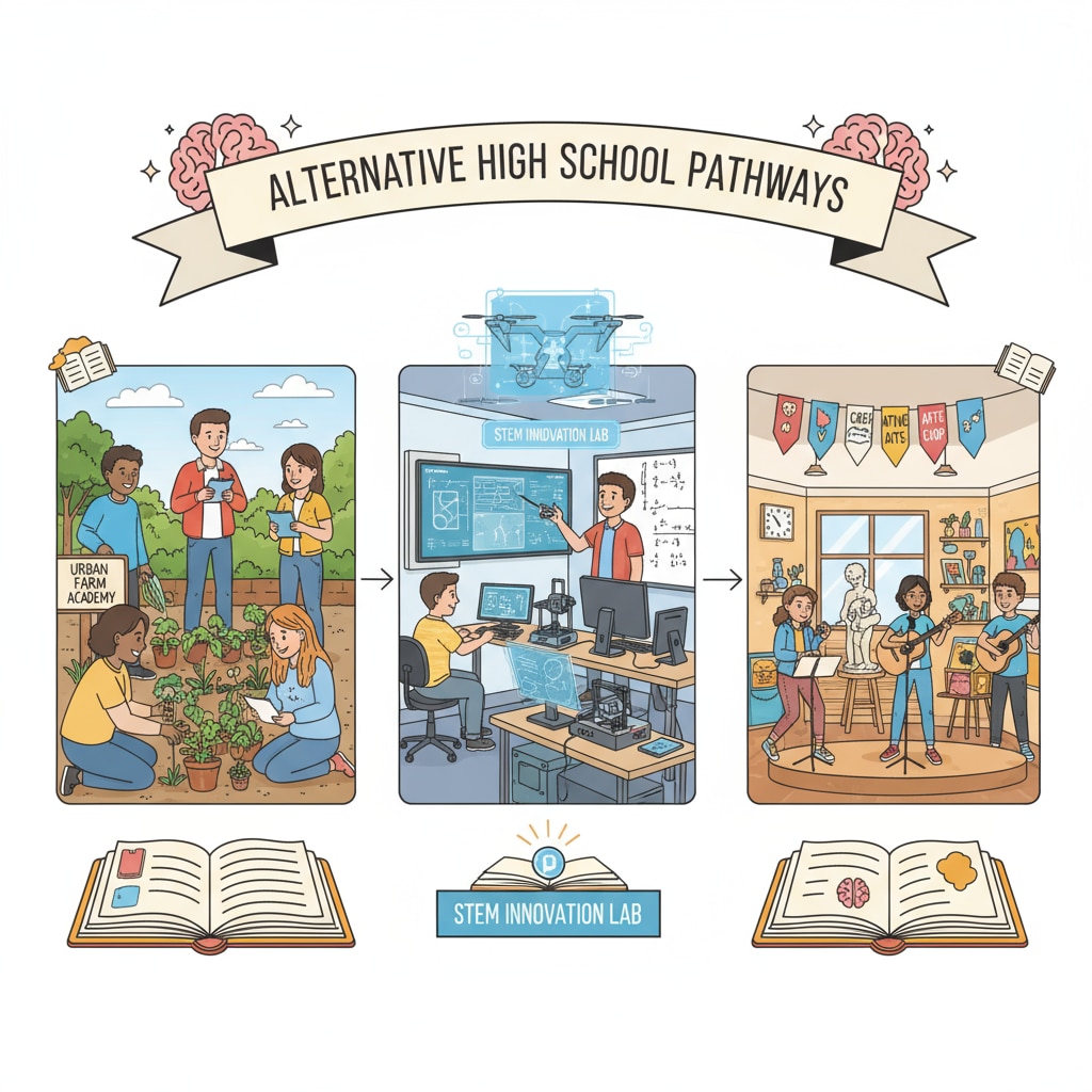 An image depicting students in various educational settings, highlighting the diversity of learning environments related to alternative high school education. Students exploring alternative high school education options including GED, online high school, and vocational learning.