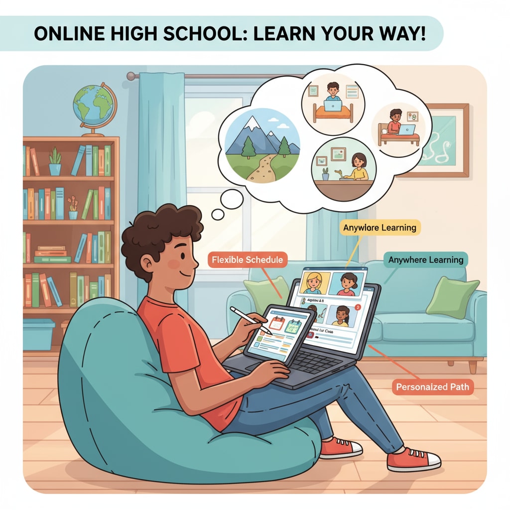 A student engaged in online high school learning, emphasizing the flexibility of this alternative education option. A student studying online as part of an alternative high school education choice.