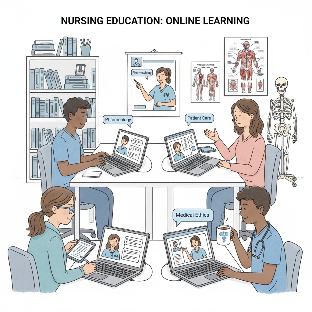A group of students are shown attending nursing classes on their laptops, indicating the online learning environment for nursing education. Online students studying nursing programs without ACT/SAT requirements