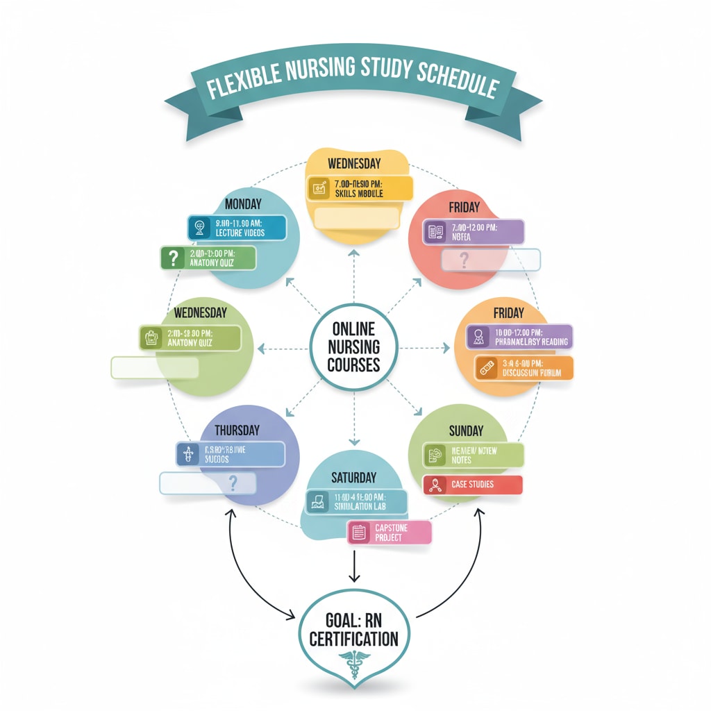 A graphic representing a flexible study schedule with different time slots for studying nursing courses online. Flexible online nursing study schedule for students not bound by ACT/SAT requirements