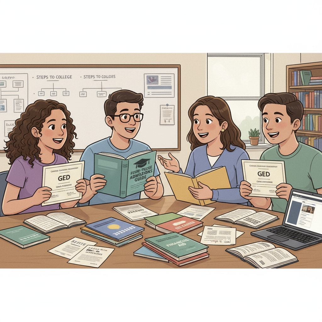 A group of students with GED certificates are engaged in a discussion about the college admission process, with books and papers related to four - year colleges on the table. GED holders discussing four - year college entrance eligibility