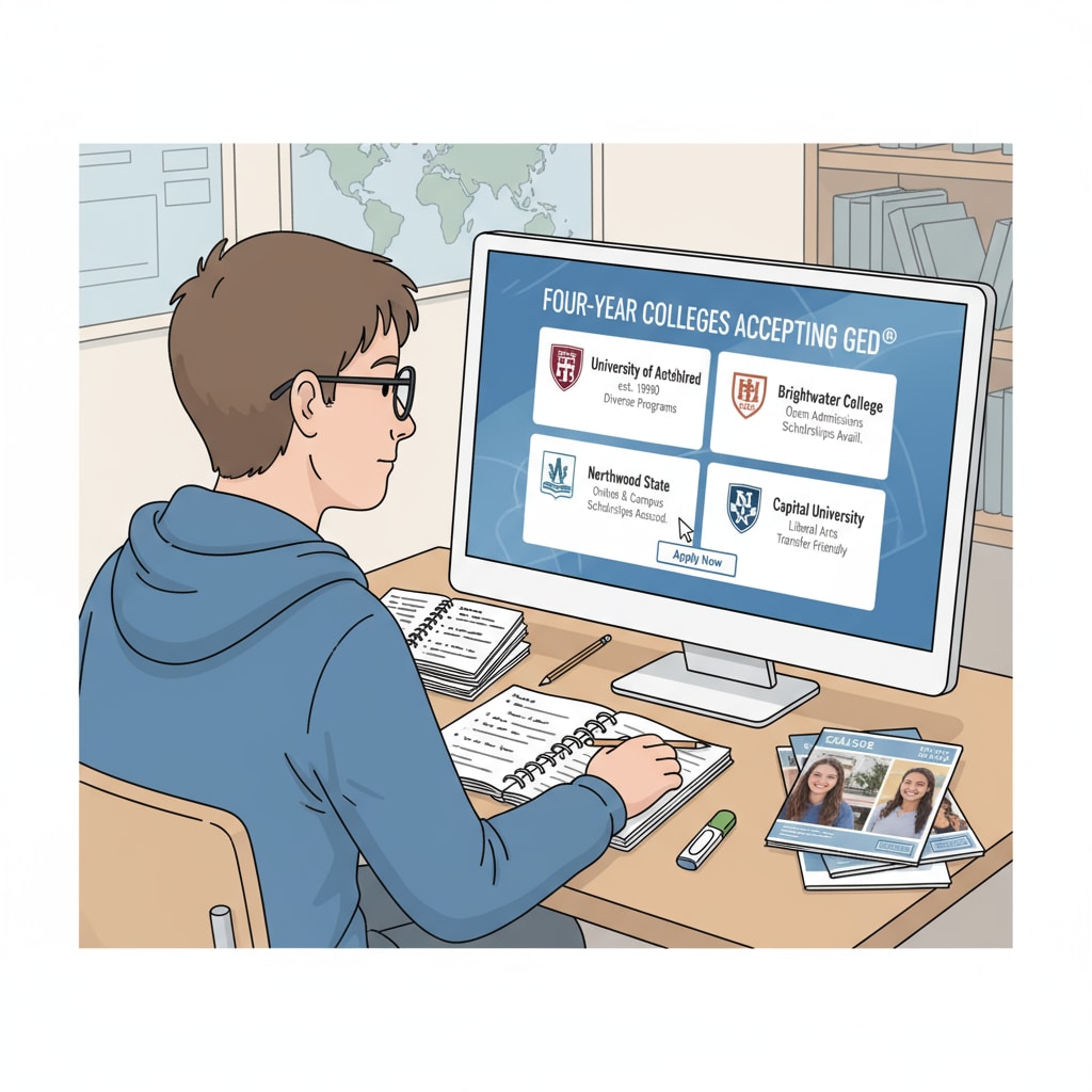 A student is sitting at a desk, looking at a computer screen filled with information about four - year colleges that accept GED holders, with notes and brochures beside them. Student researching four - year colleges for GED holders' entrance eligibility