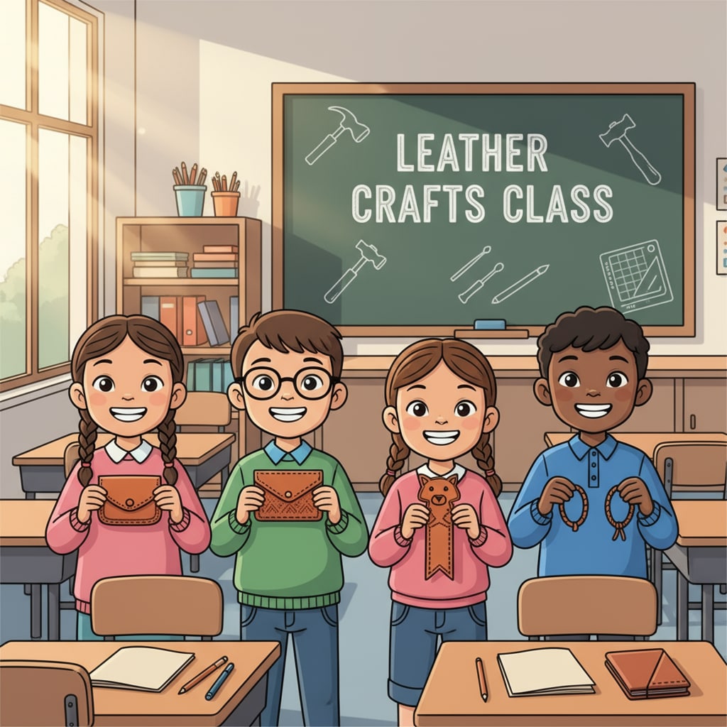 A group of children are seen smiling while holding various leather crafts they have made in a classroom setting, showing their enthusiasm for leather education. Children enjoying leather education inspired by fairy tale metaphors