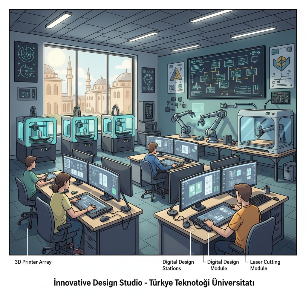 A modern design studio in a Turkish university with state - of - the - art equipment and a creative ambiance. A modern design studio in a Turkish university related to Turkish study abroad, English - taught programs, and design majors