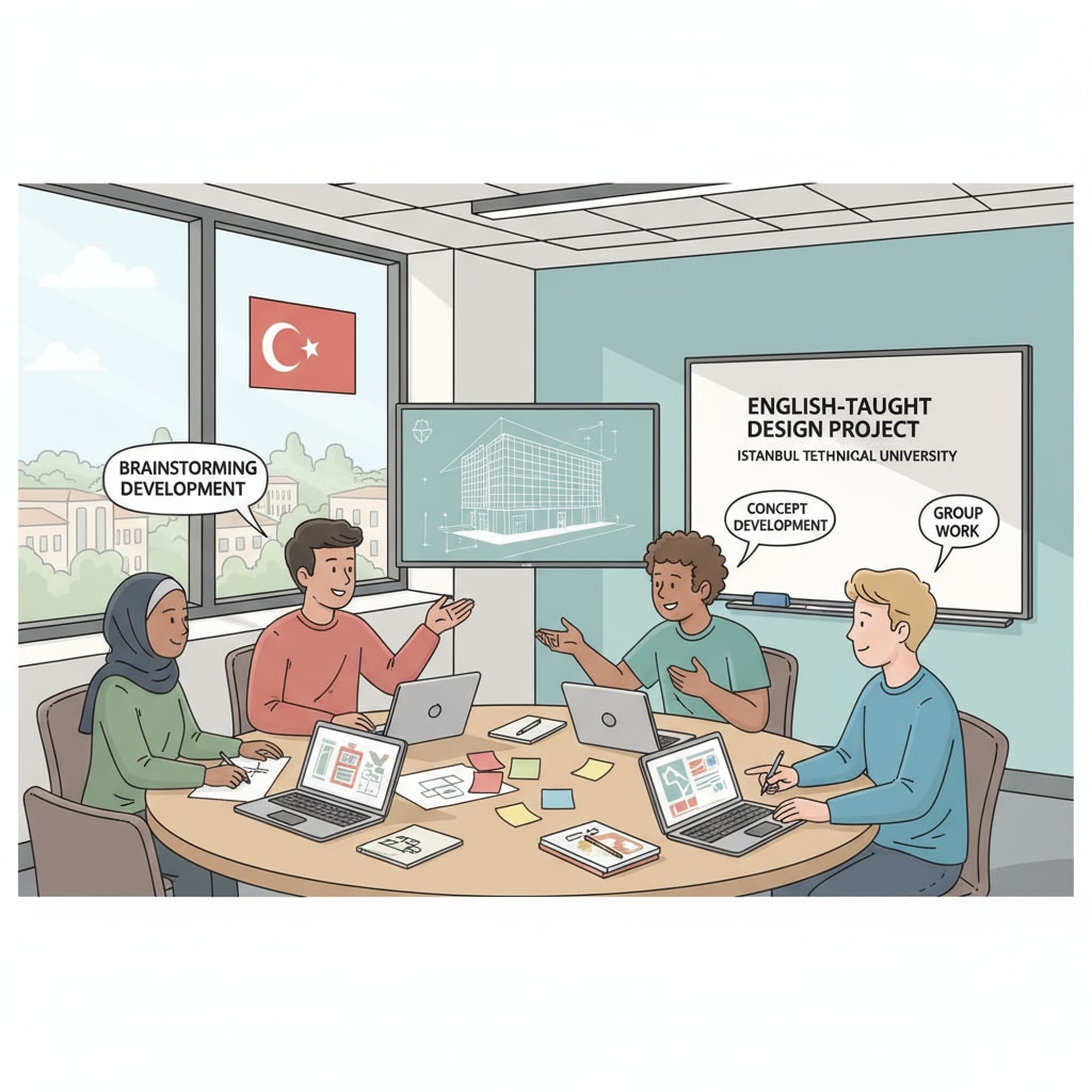 Students from different ethnicities collaborating on a design project in an English - taught class in a Turkish university. Students collaborating on a design project in an English - taught class relevant to Turkish study abroad, English - taught programs, and design majors
