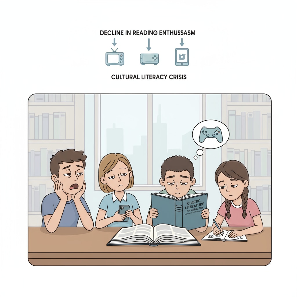 A group of high school students looking disinterested while reading a book, indicating the possible decline in reading enthusiasm related to cultural literacy issues. High school students showing lack of interest in reading, highlighting the decline in cultural literacy and its connection to reading ability and democracy.