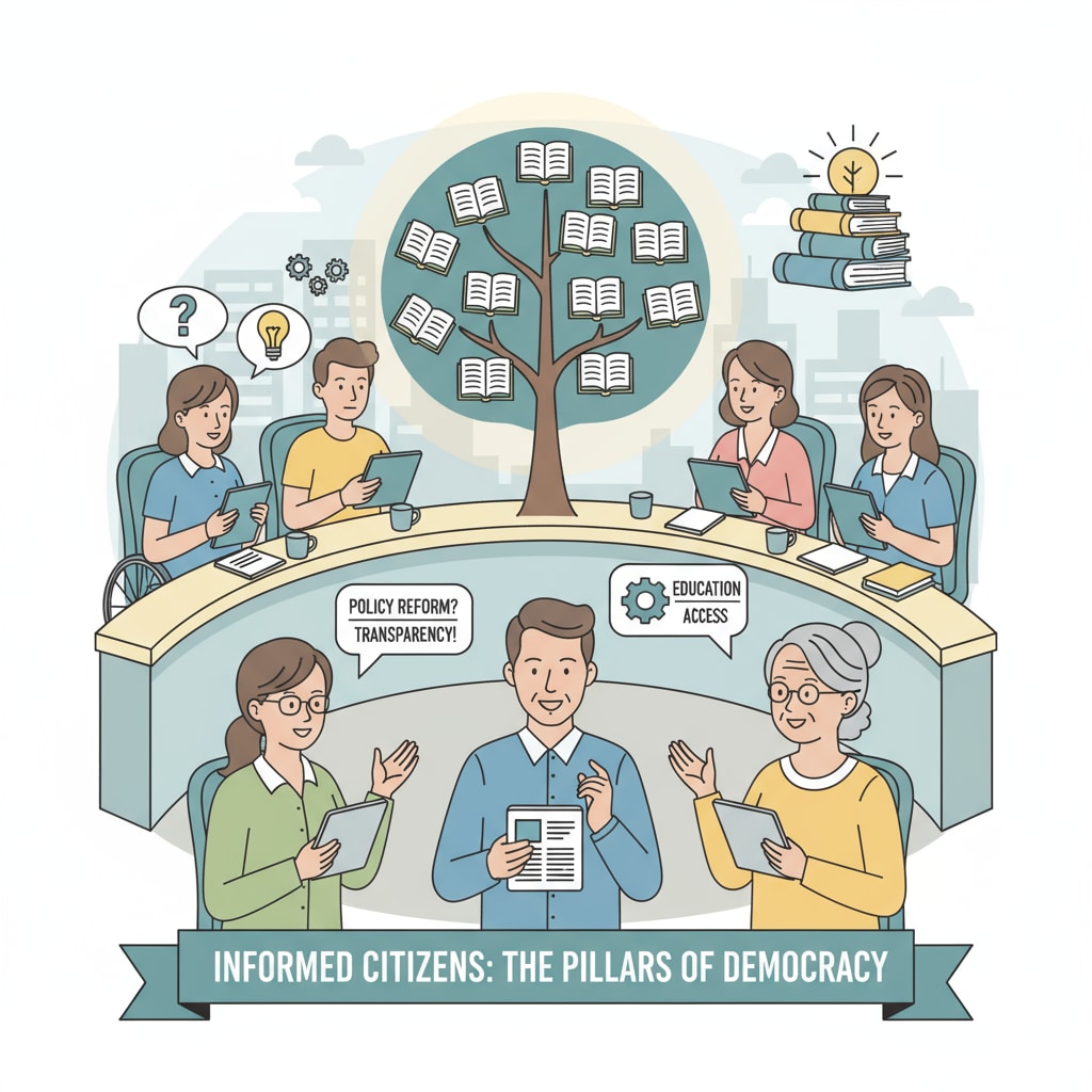 A group of people discussing various issues in a democratic setting, signifying the importance of informed citizens in a democratic society. People engaged in democratic discussions, emphasizing the link between cultural literacy, reading ability, and a functioning democracy.