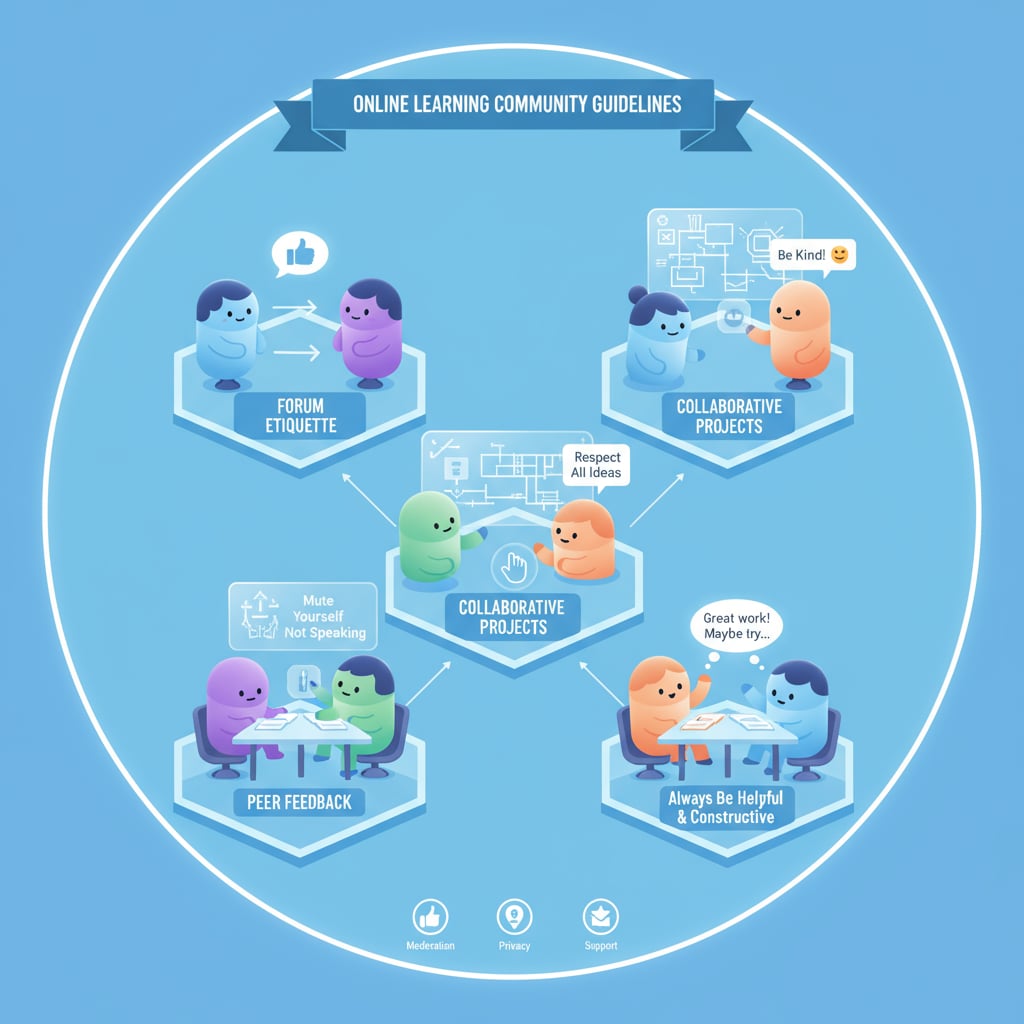 An illustration showing people following rules in an online educational community, with avatars interacting in a positive and respectful manner. Community rules in the Reddit education network