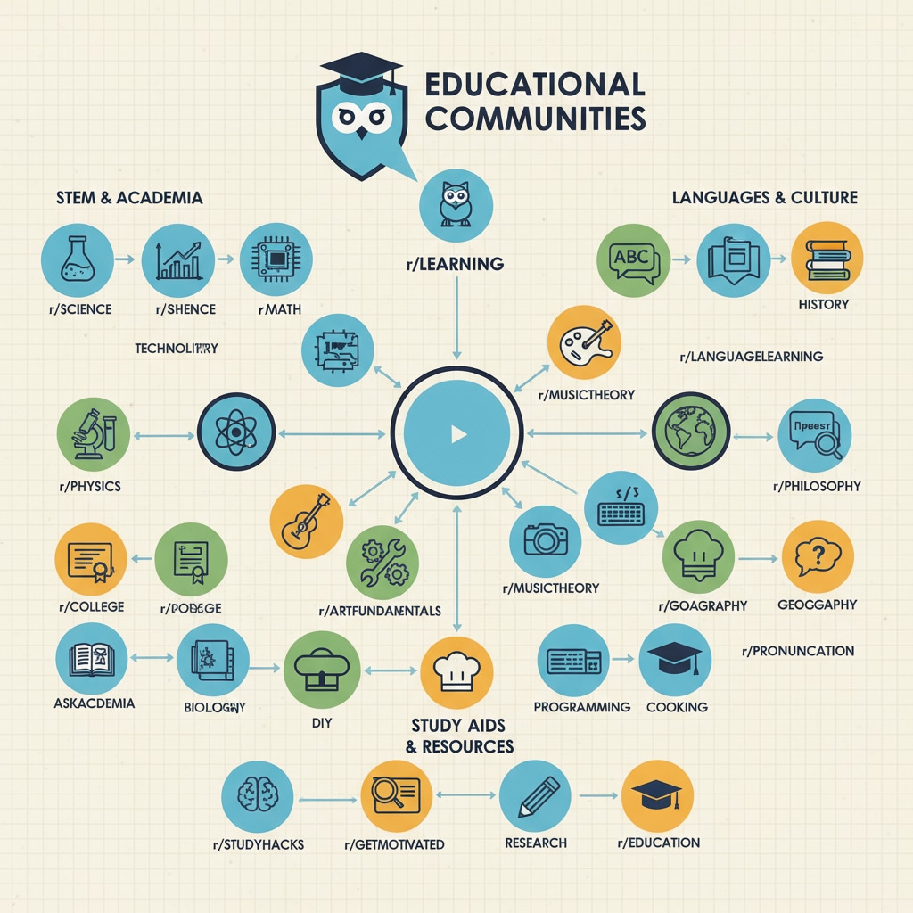 A visual representation of different educational subreddits on Reddit, with various icons representing different topics and communities. Educational subreddits within the Reddit education network