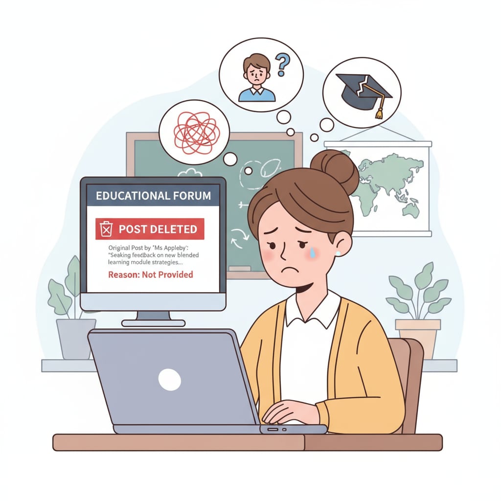 A teacher is seen looking sad while viewing a post that has been deleted on an educational forum, highlighting the negative impact of unexplained post deletions. A sad teacher looking at a deleted post on an educational forum due to post deletions without explanation.