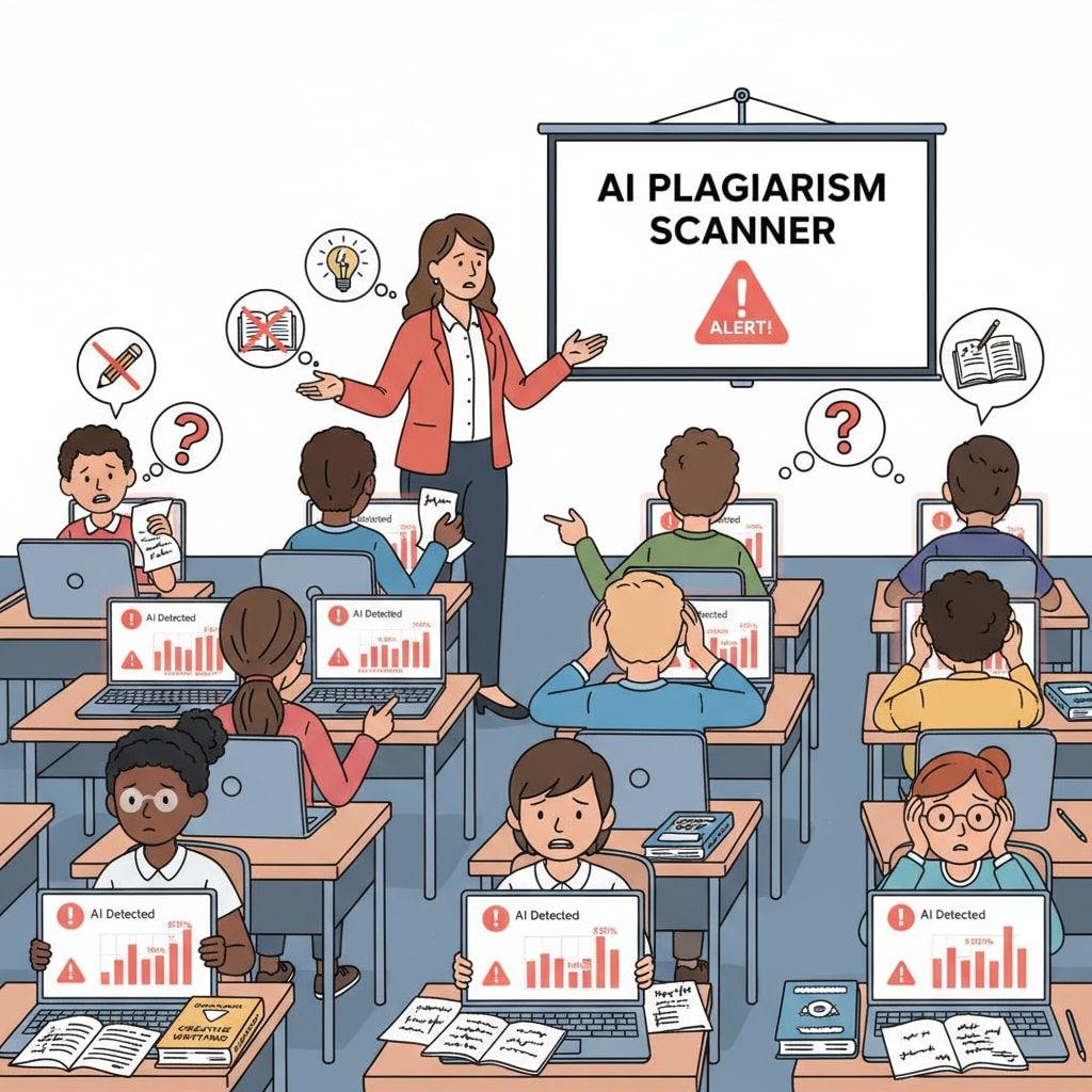 A classroom scene where students look concerned as they deal with AI detection tools during creative writing tasks. High school students worried about AI detection in creative writing