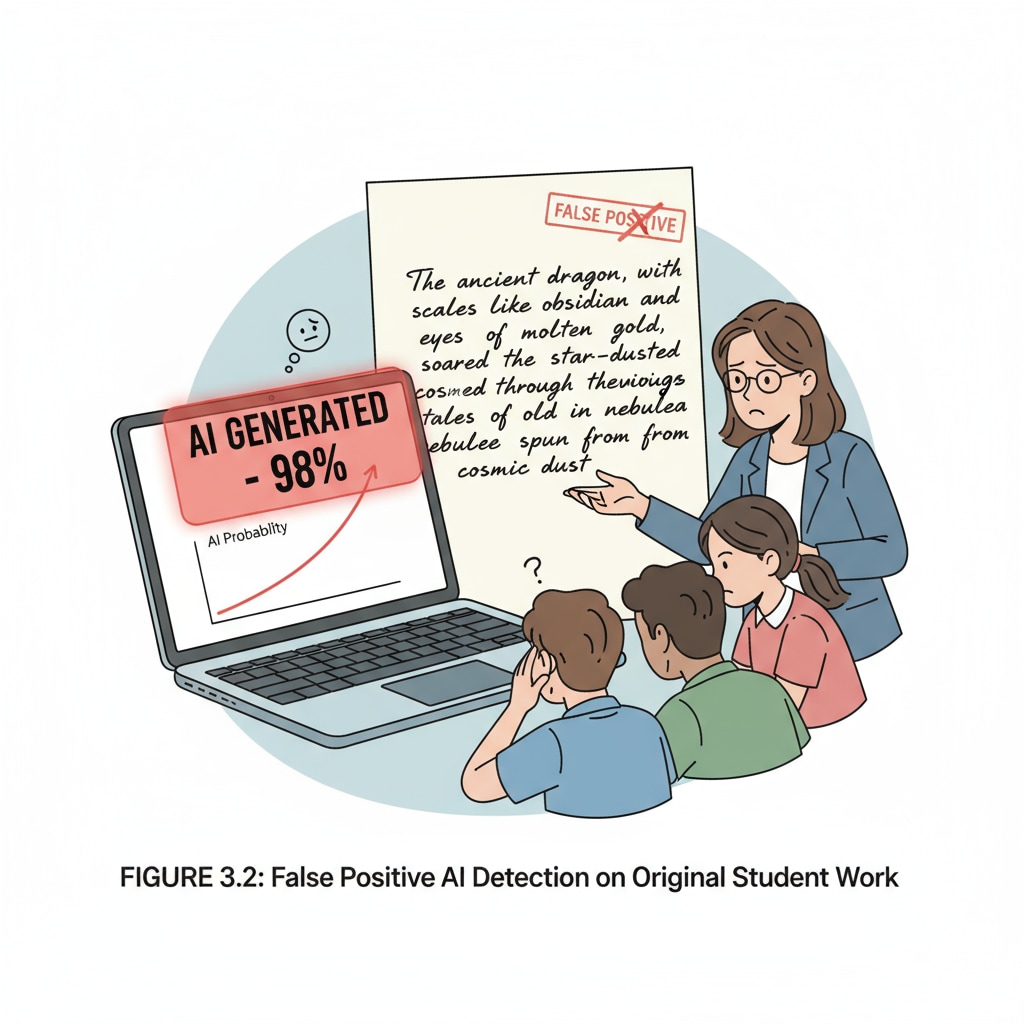 A display of an AI detection tool's false positive result on a student's creative writing work. False positive result of AI detection on high school creative writing