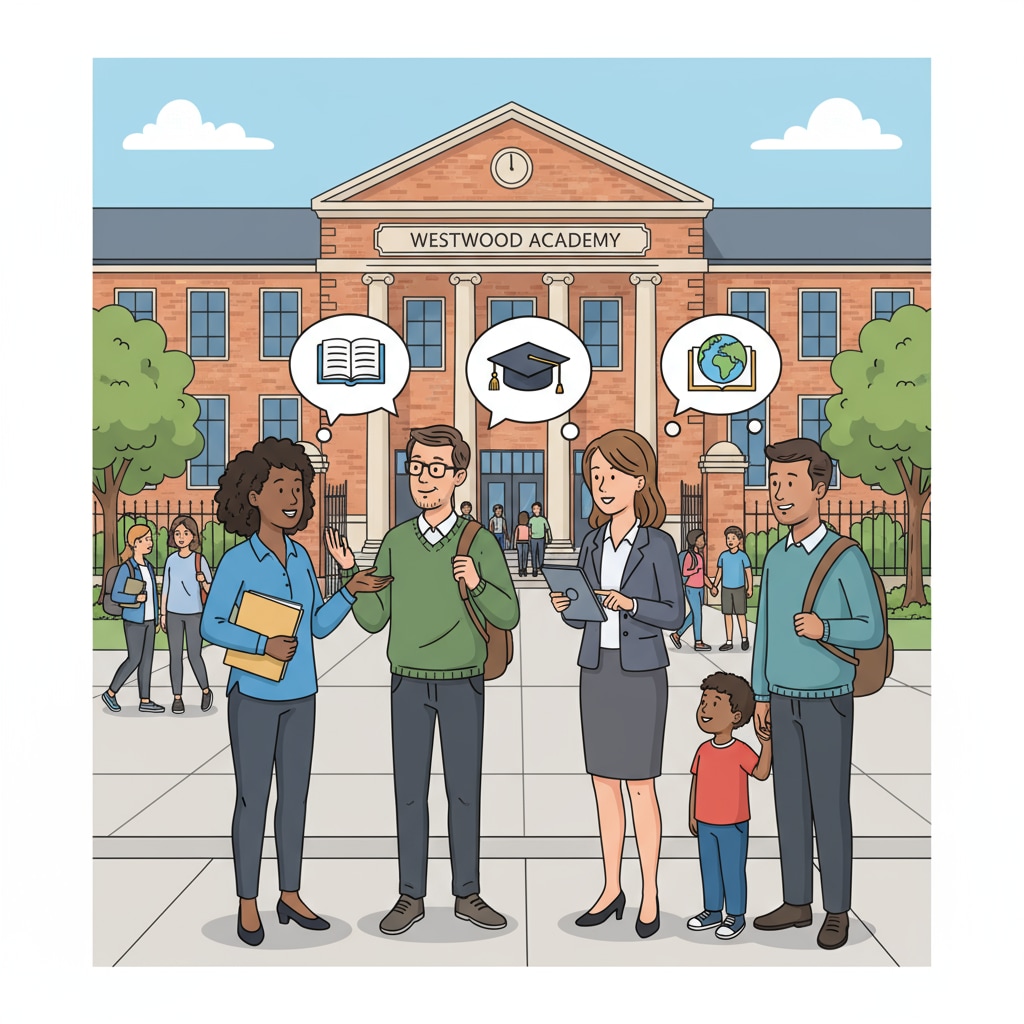 Parents are having a discussion about their children's education outside a public school building. Parents discussing public education, parent complaints, teacher feedback, and curriculum disputes
