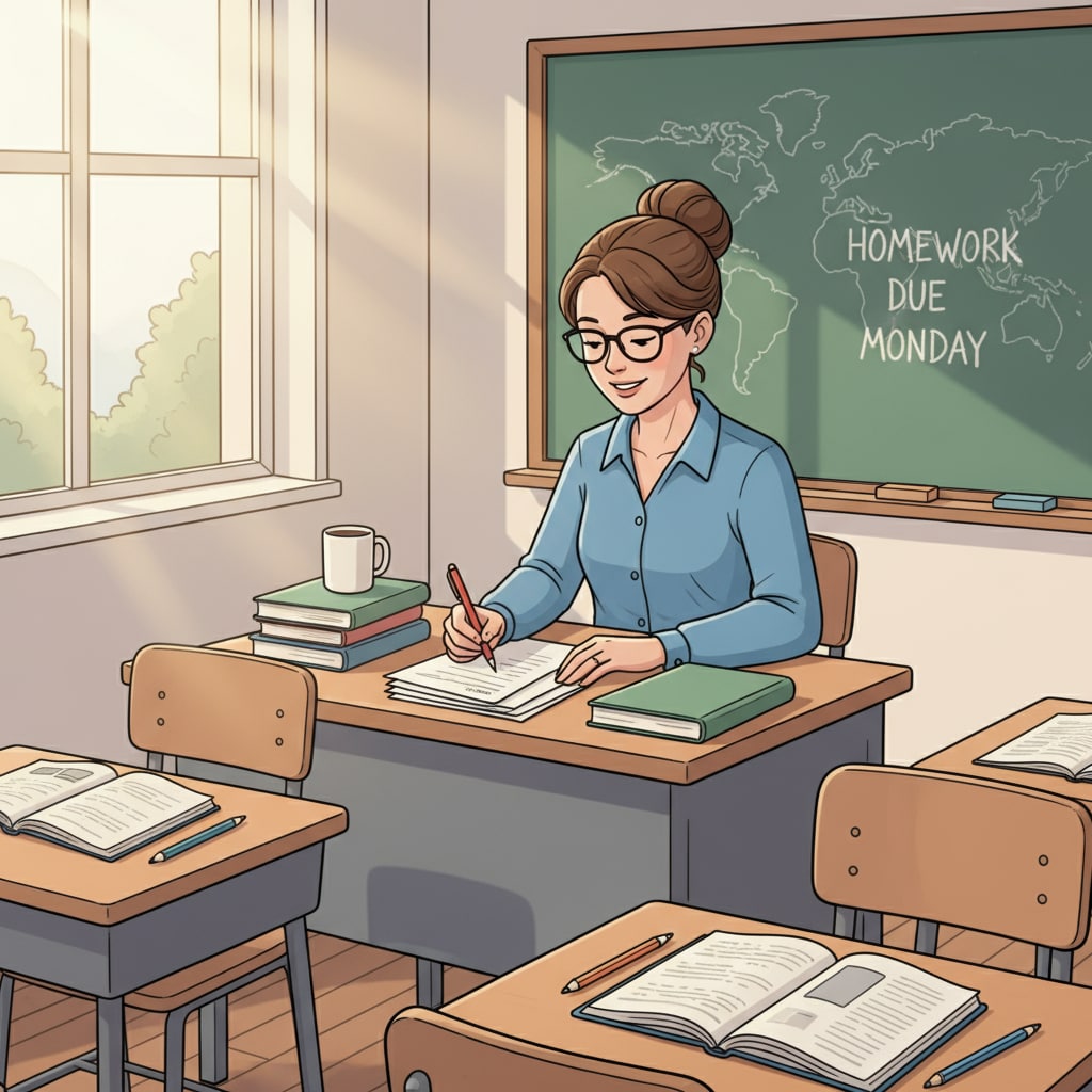 A teacher is sitting at a desk in a classroom, grading papers. Teacher grading papers, related to public education, parent complaints, teacher feedback, and curriculum disputes