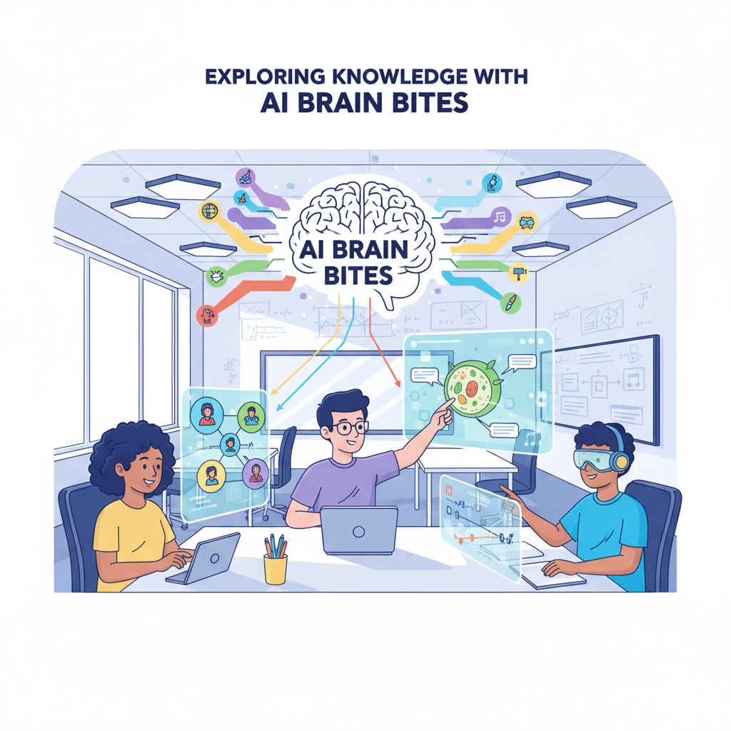 An illustration showing students using AI Brain Bites to explore educational topics Students exploring educational topics with AI Brain Bites