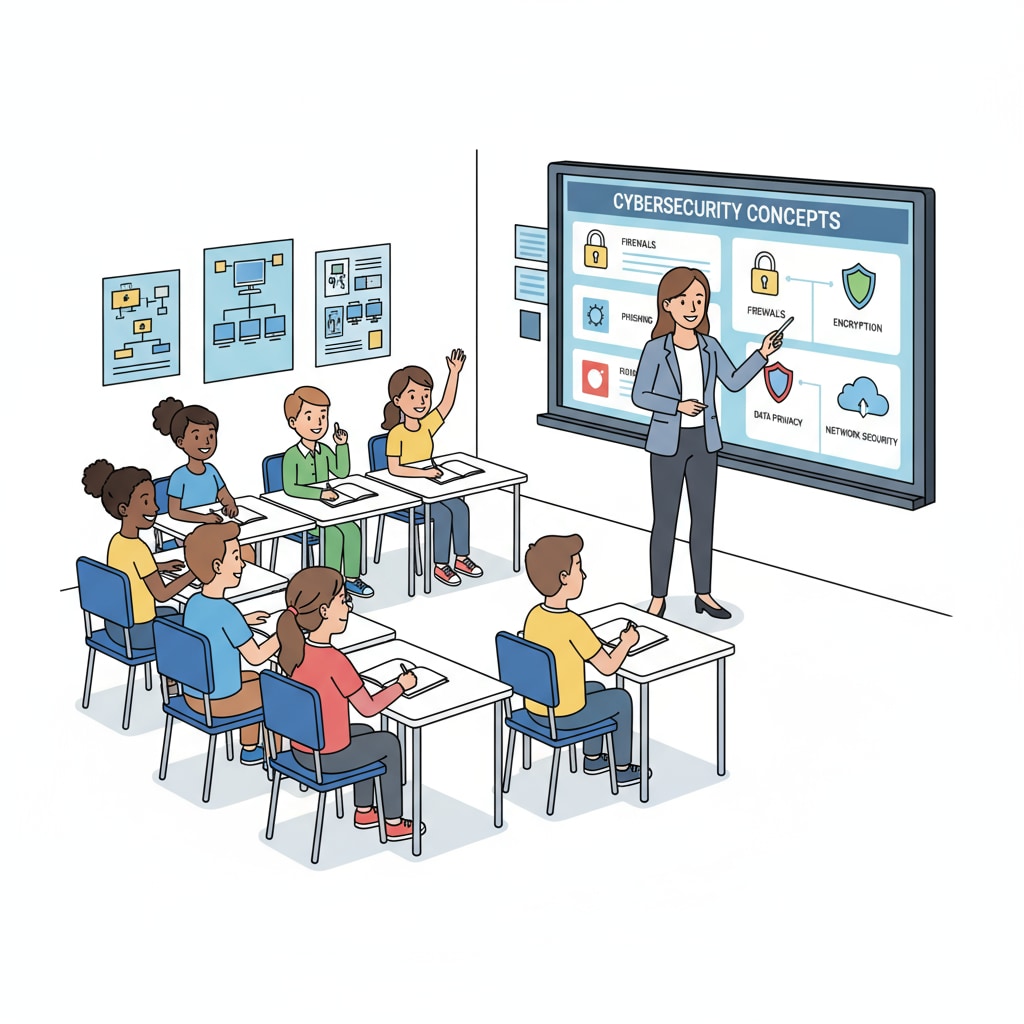 A teacher is explaining cybersecurity concepts on a digital board while a group of K12 students listen attentively. This visualizes the learning environment in a classroom focused on cybersecurity education. K12 students learning about cybersecurity from a teacher