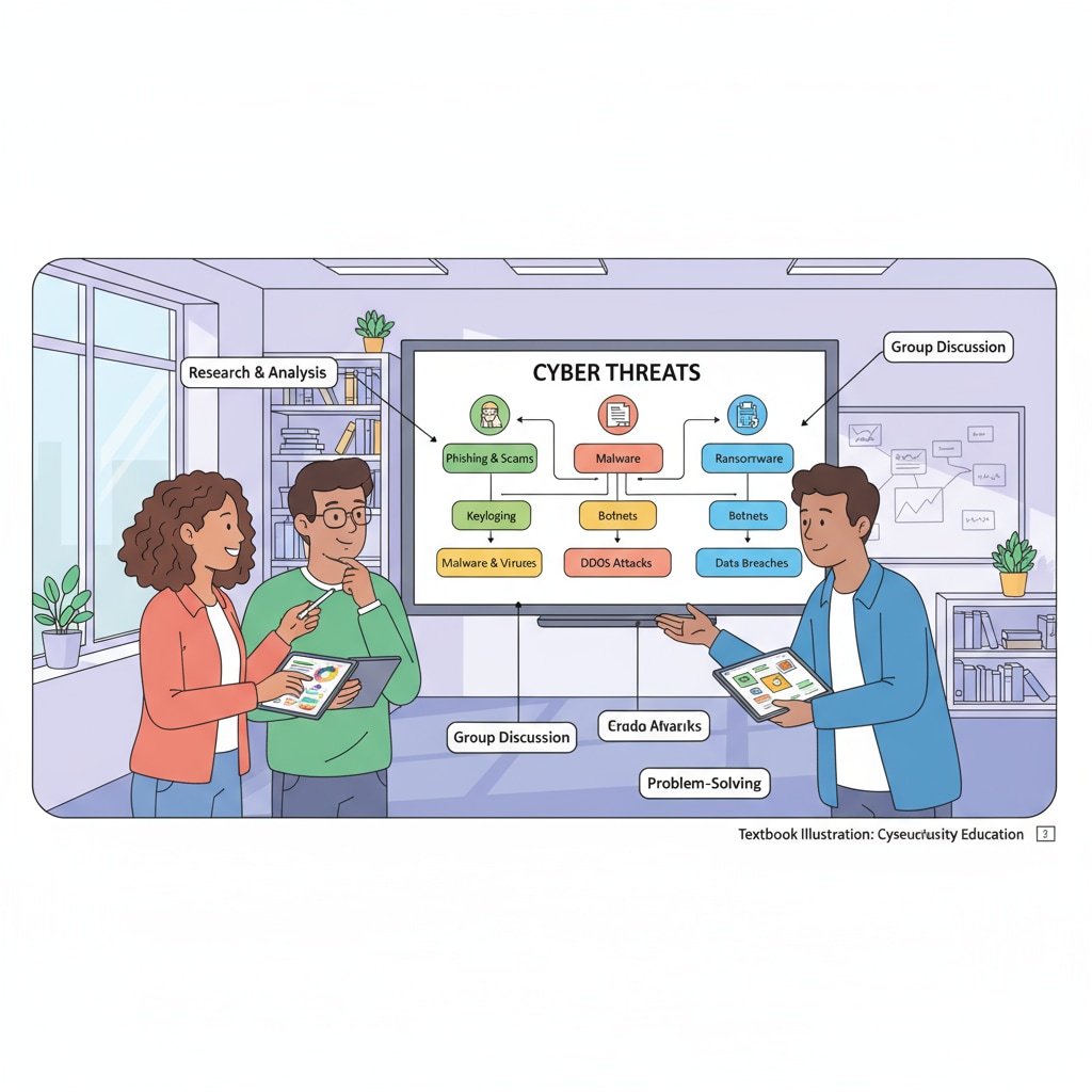 Students are collaborating on a project where they are researching and discussing different cyber threats. This shows the active engagement of students in understanding cybersecurity. Students collaborating on a cyber threat project