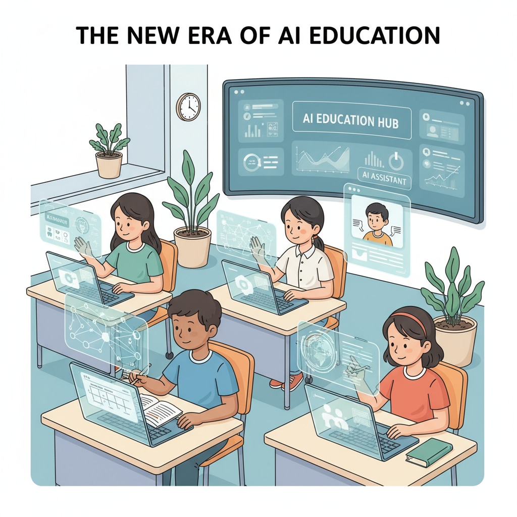 An image showing students engaged in learning with digital devices, representing the new era of AI education Students learning with digital devices in the era of AI education, related to ZynTiQ's lifetime membership and certified courses