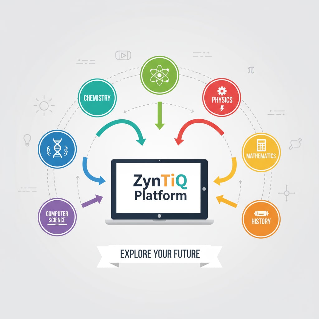 A graphic showing the different courses available on the ZynTiQ platform Graphic of ZynTiQ courses highlighting AI education, lifetime membership, and certified courses