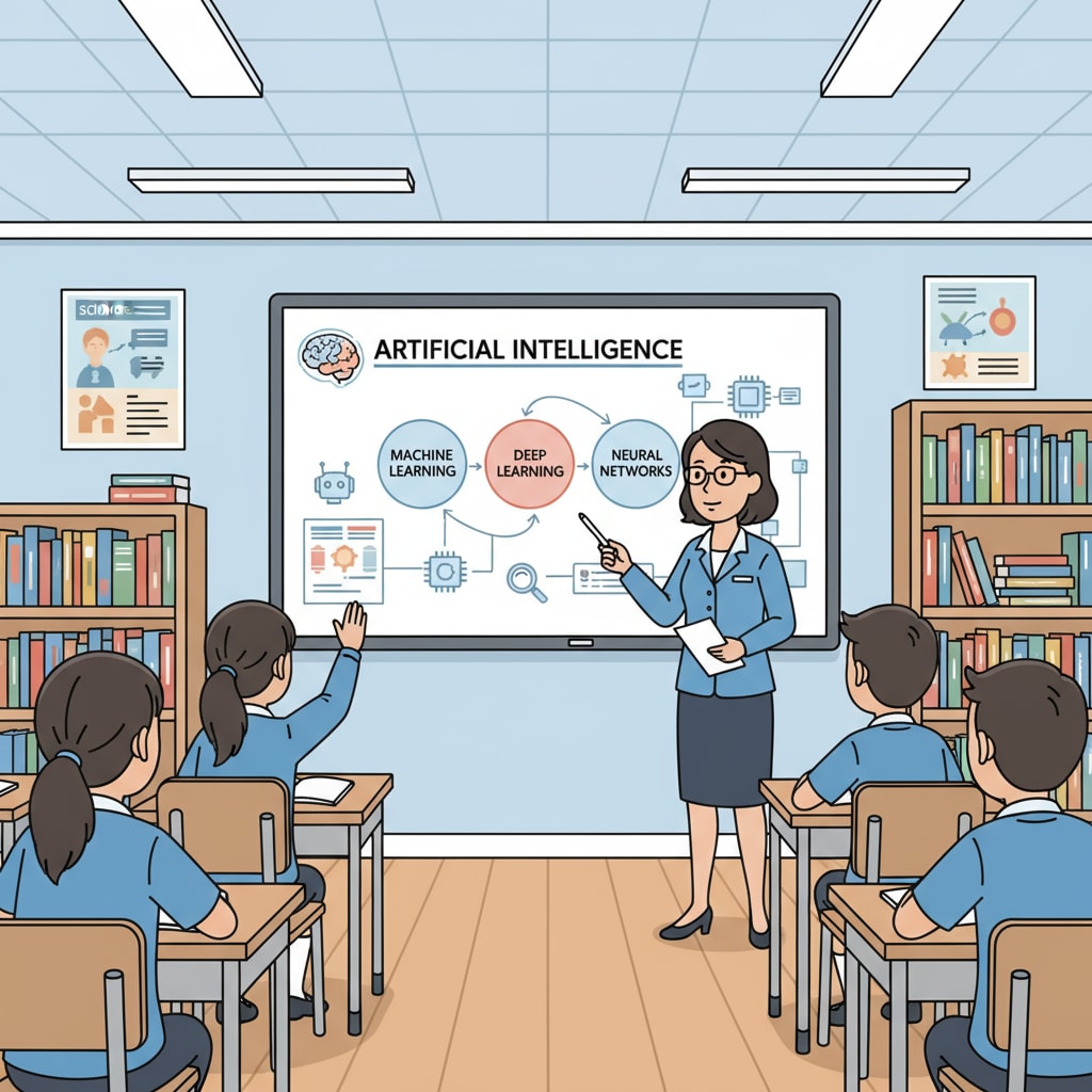 Students are engaged in a classroom learning session about AI, with a teacher explaining concepts on a whiteboard. Students learning about AI courses, prompt writing, and ChatGPT in a classroom