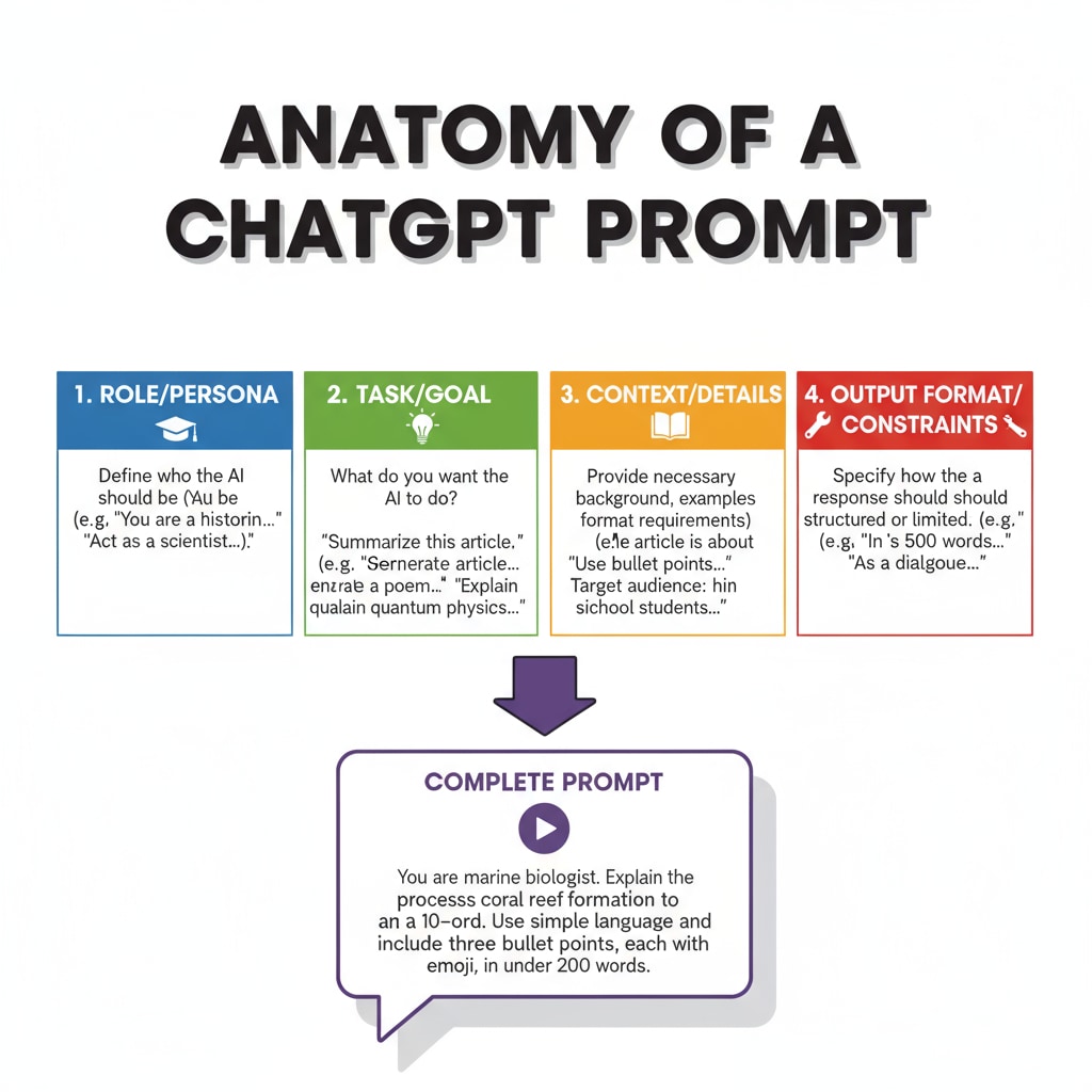 A visual representation of a prompt written for ChatGPT, showing the structure and key elements. Example of a prompt for ChatGPT related to AI courses and prompt writing