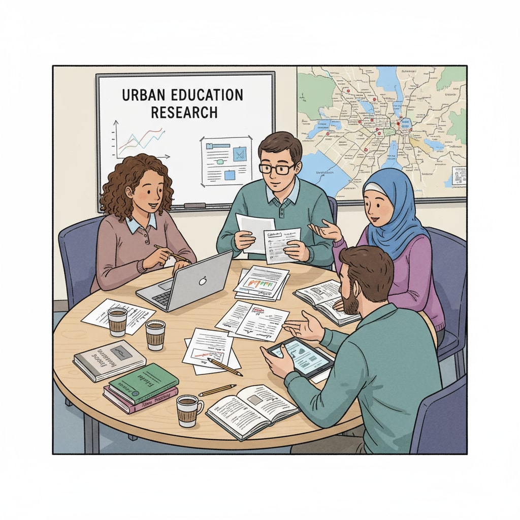 A group of Hunter College students are sitting around a table, having an in-depth discussion about their urban education research project. They are looking at papers and laptops, showing their dedication to the project. Hunter College students discussing urban education research project as part of university project, urban education, virtual interviews initiative