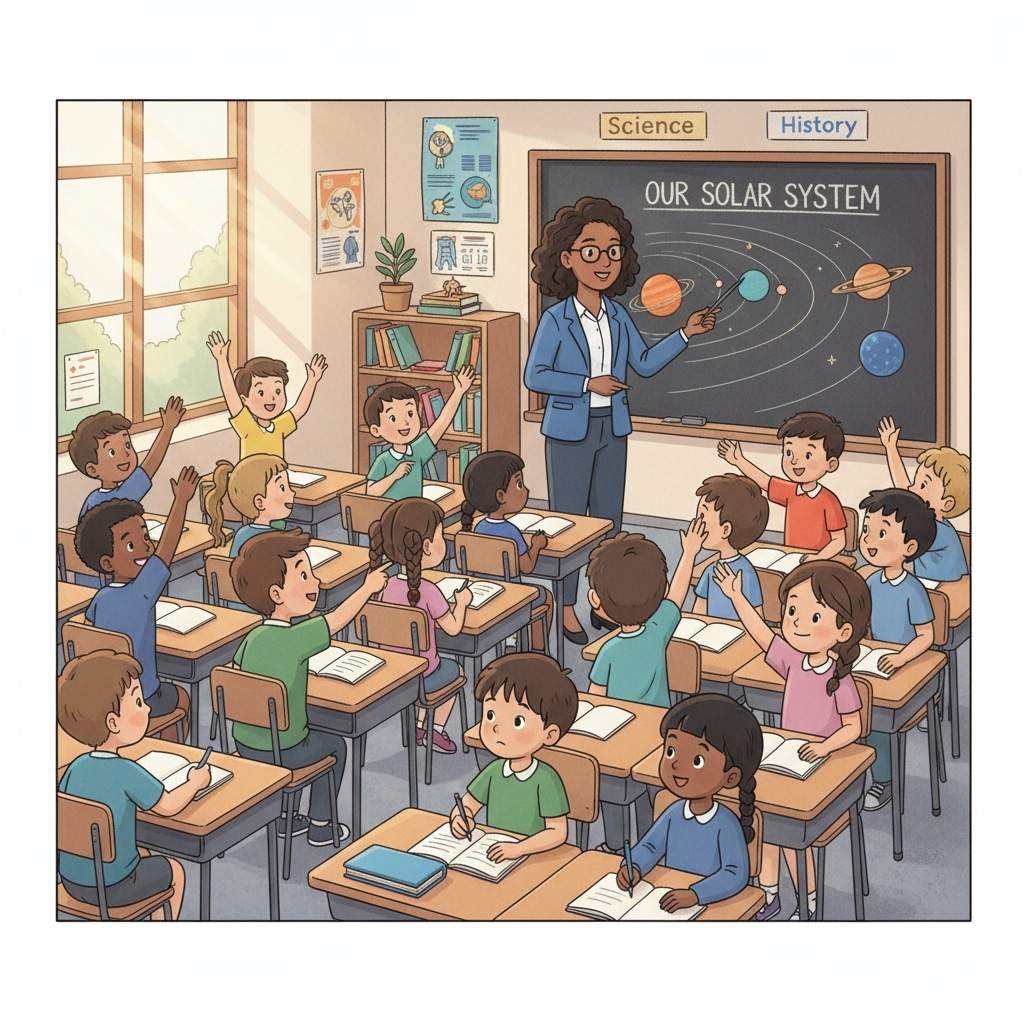 In a classroom filled with students of different ethnicities, an educator is standing in front of the blackboard, teaching. The students are actively engaged, raising their hands and participating in the class. An educator teaching in a diverse urban classroom for the university project on urban education involving virtual interviews