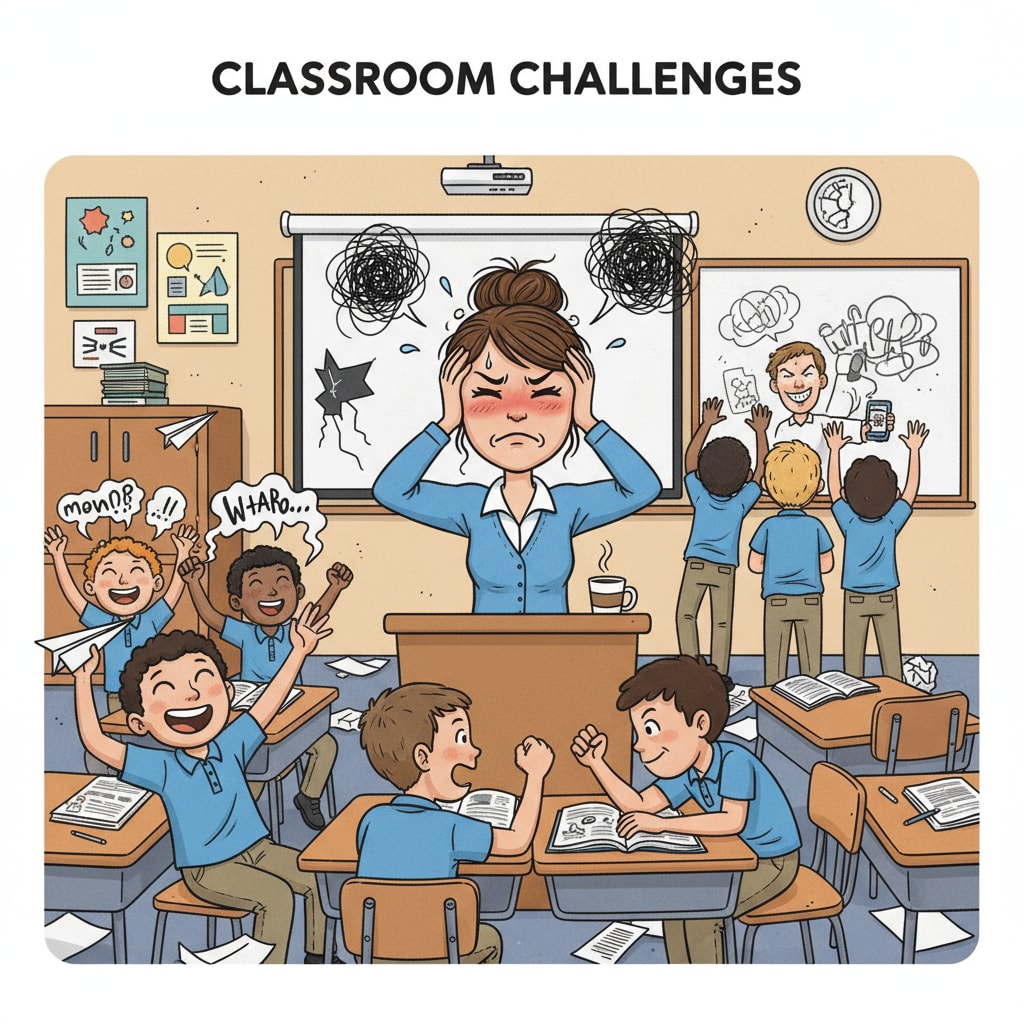 A teacher is seen looking stressed as students are misbehaving in the classroom, chatting loudly and not paying attention. A stressed teacher dealing with student behavior problems and lacking support, facing professional setbacks.