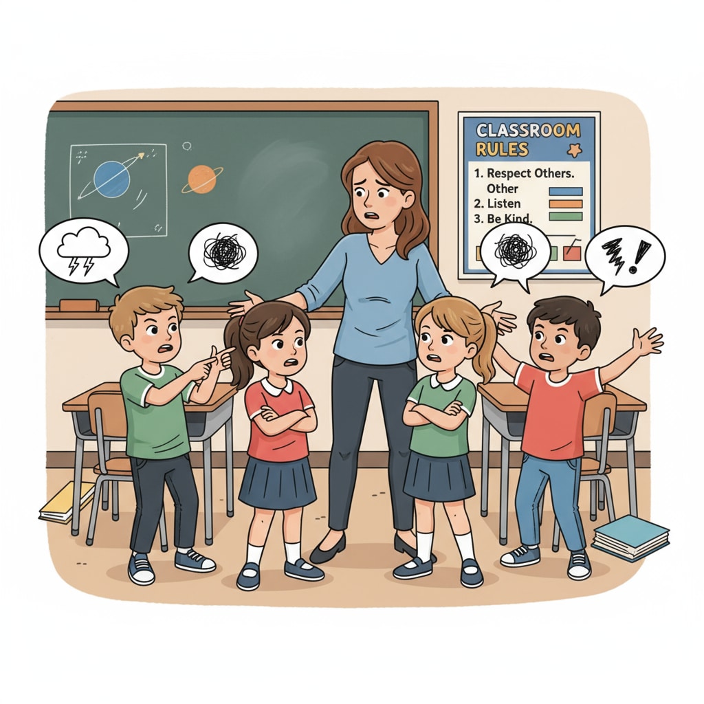 Students are arguing with each other in the classroom while the teacher is trying to intervene, looking worried. Teacher facing difficulties in handling student behavior problems due to lack of support and experiencing professional setbacks.