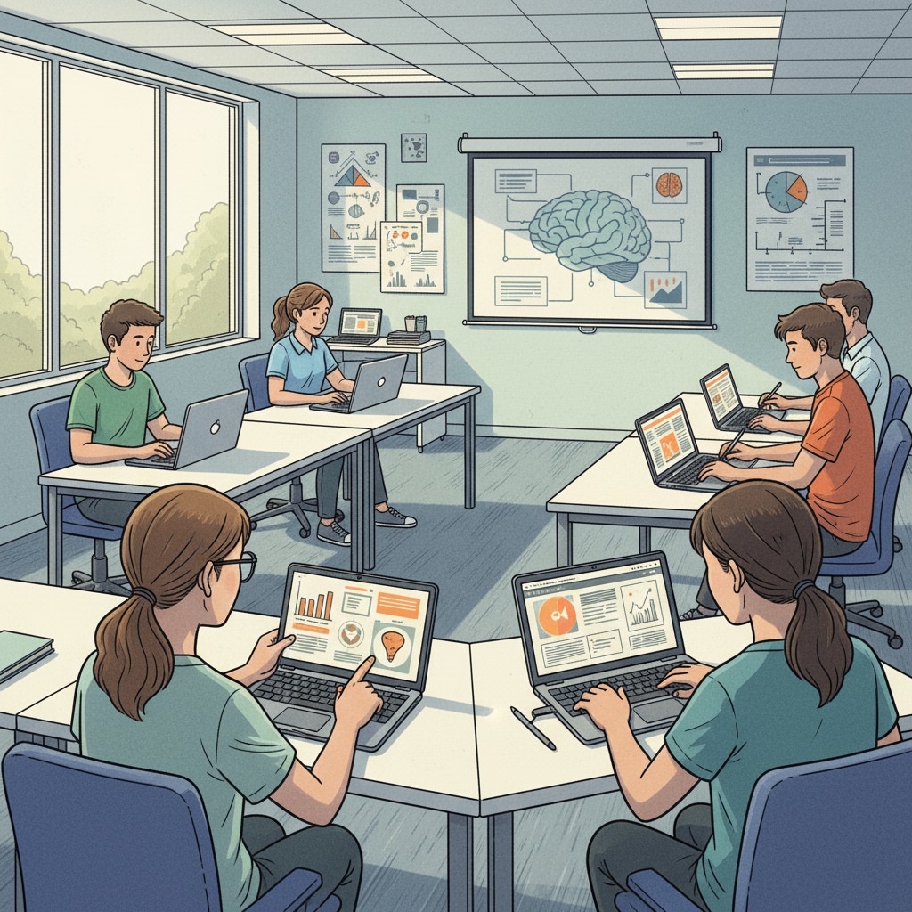 A group of modern students are sitting in a classroom, using digital devices such as laptops and tablets to study. Modern students with digital devices in a classroom related to teaching methods, graduate programs, and student learning habits