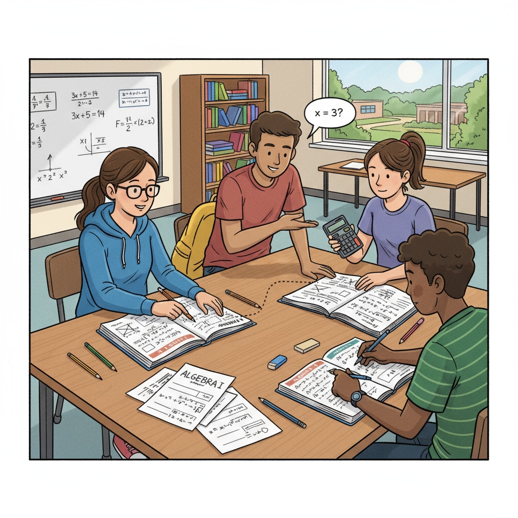 A group of students are sitting around a table, intently studying high school algebra workbooks. They are pointing at equations and discussing solutions. Students studying high school algebra workbooks