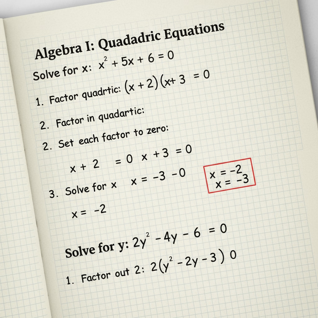 A close-up of a page from an algebra workbook. There are equations neatly written, along with step-by-step solutions. Close-up of an algebra workbook page with equations and solutions