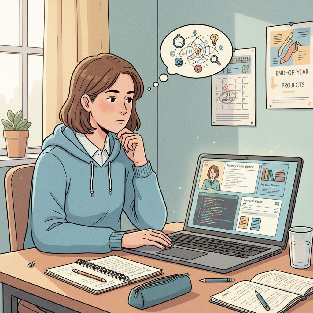 A student with autism is sitting at a desk, looking at a laptop screen with various learning platforms open. They are concentrating on their studies, trying to find the best way to complete their end-of-year assignments. An autistic student using a laptop to explore Brainly alternatives for end-of-year assignments