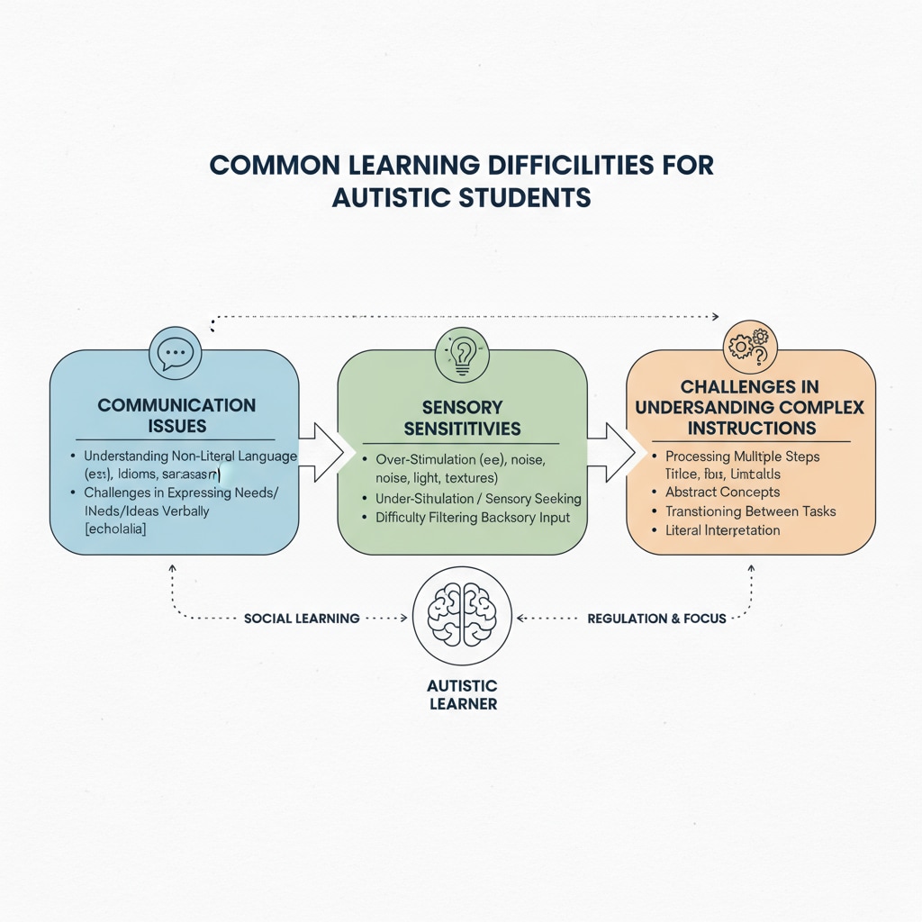 A diagram with different sections showing the common learning difficulties faced by autistic students, such as communication issues, sensory sensitivities, and challenges in understanding complex instructions. Diagram depicting learning difficulties of autistic students relevant to Brainly alternatives and end-of-year assignments