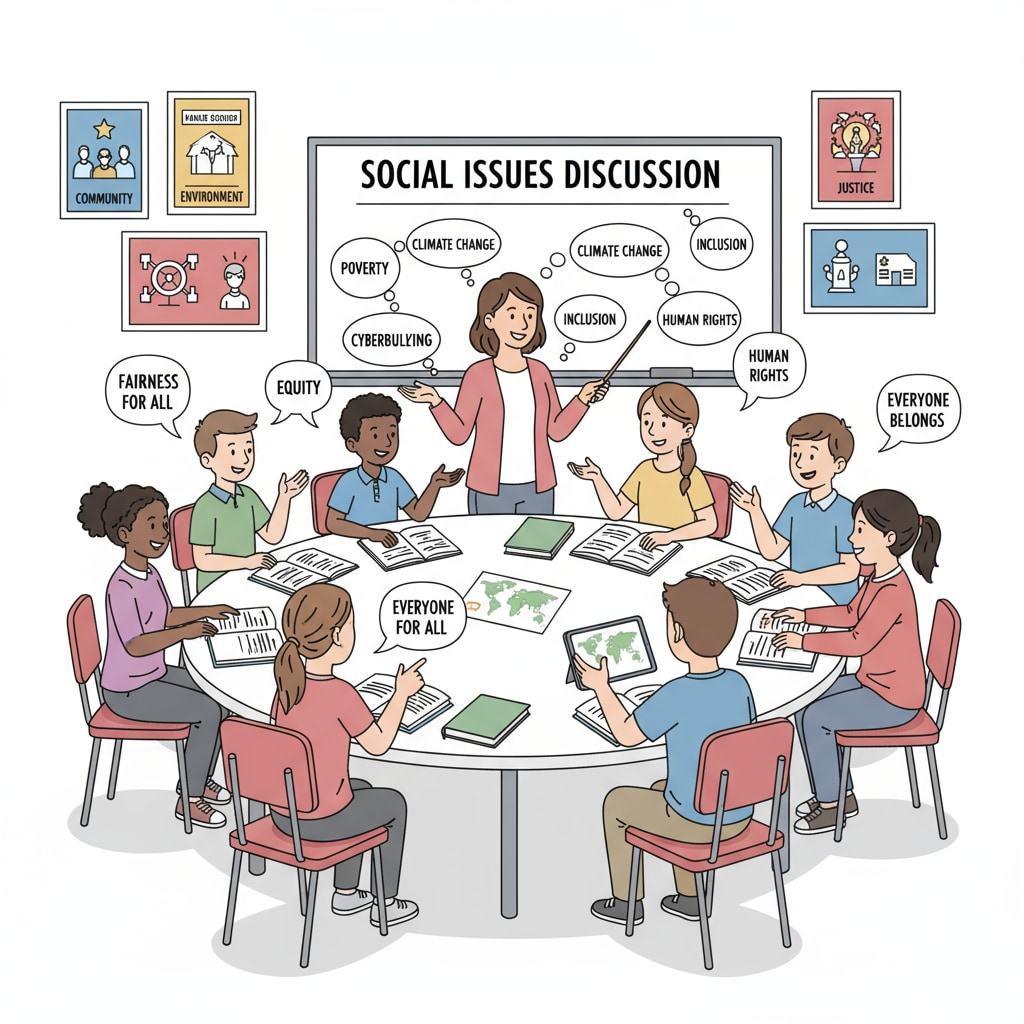 Students in a K-12 classroom are having a lively discussion about various social issues, which is an important part of developing their social change capacity. K-12 students discussing social issues for social change