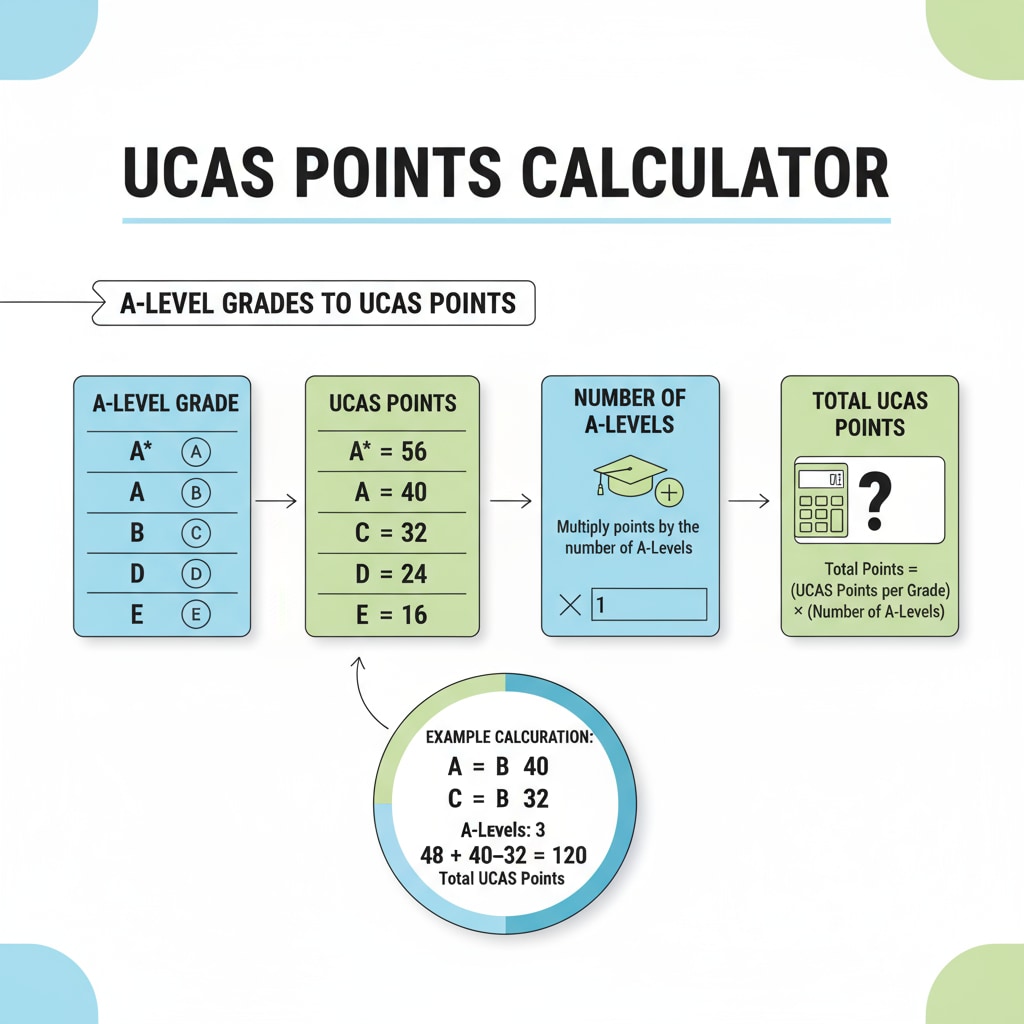 A visual breakdown of the formula used to calculate UCAS points for different A-Levels grades. Illustration of UCAS points calculation for A-Levels