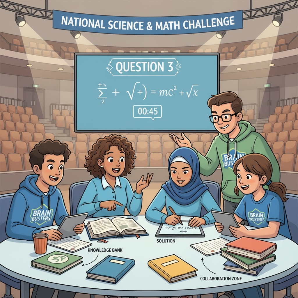 A group of students participating in an academic competition, showing enthusiasm and teamwork. Students in an extracurricular academic competition related to A-Levels and UCAS points for foundation year
