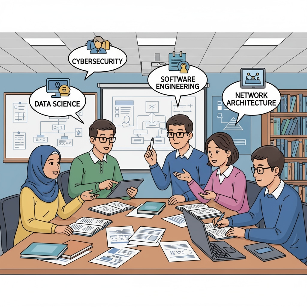 A group of students are sitting around a table in a classroom, discussing different IT majors with books and papers in front of them. Students discussing IT majors and their career prospects in a classroom