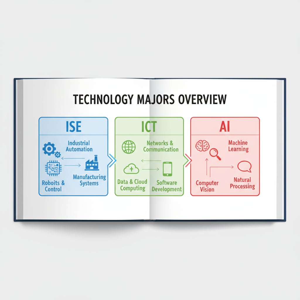 A colorful diagram with three sections labeled ISE, ICT, and AI, showing the key components and areas of focus for each major. Diagram highlighting the key components of ISE, ICT, and AI majors related to information technology and career prospects
