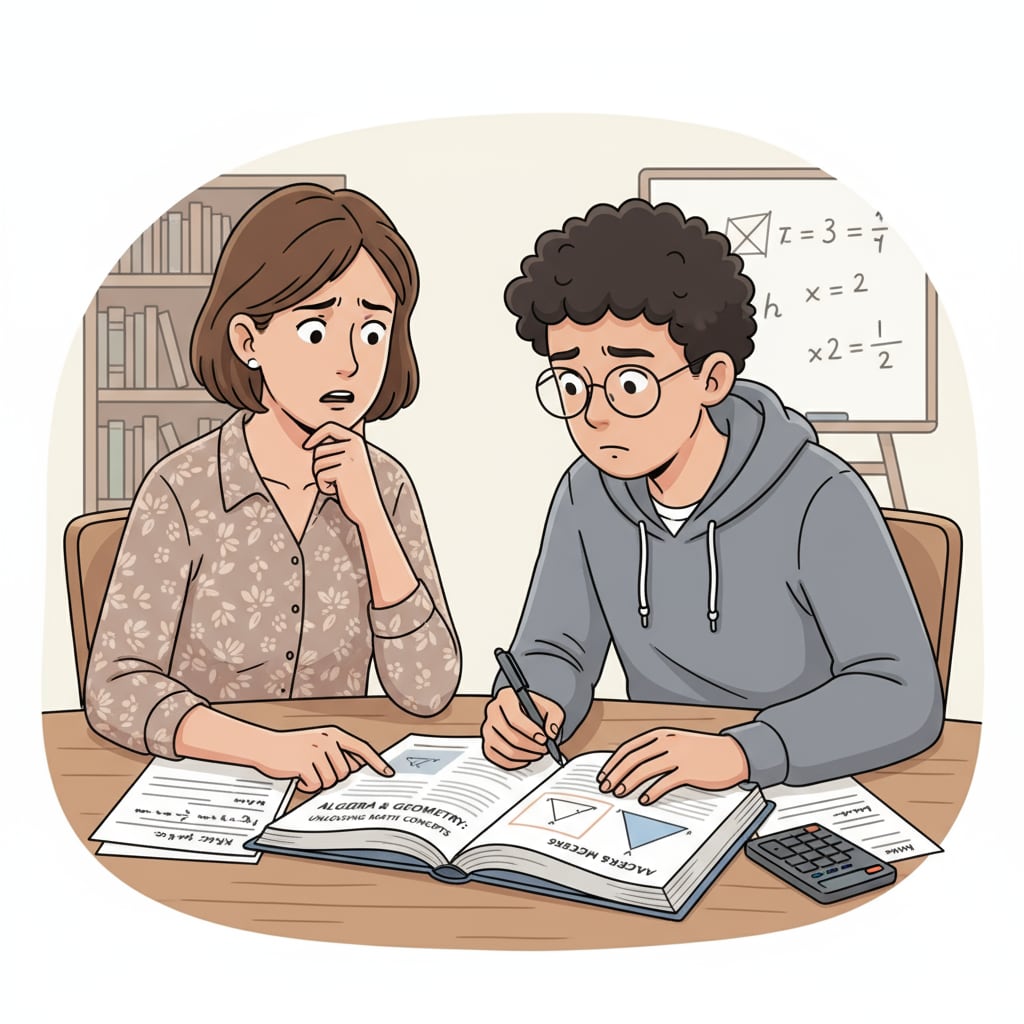 A parent and a high school student are sitting at a table, looking at a math textbook. The parent has a concerned expression, and the student is concentrating on the book. A parent and student looking at a math textbook, related to calculus, high school education, and parental expectations