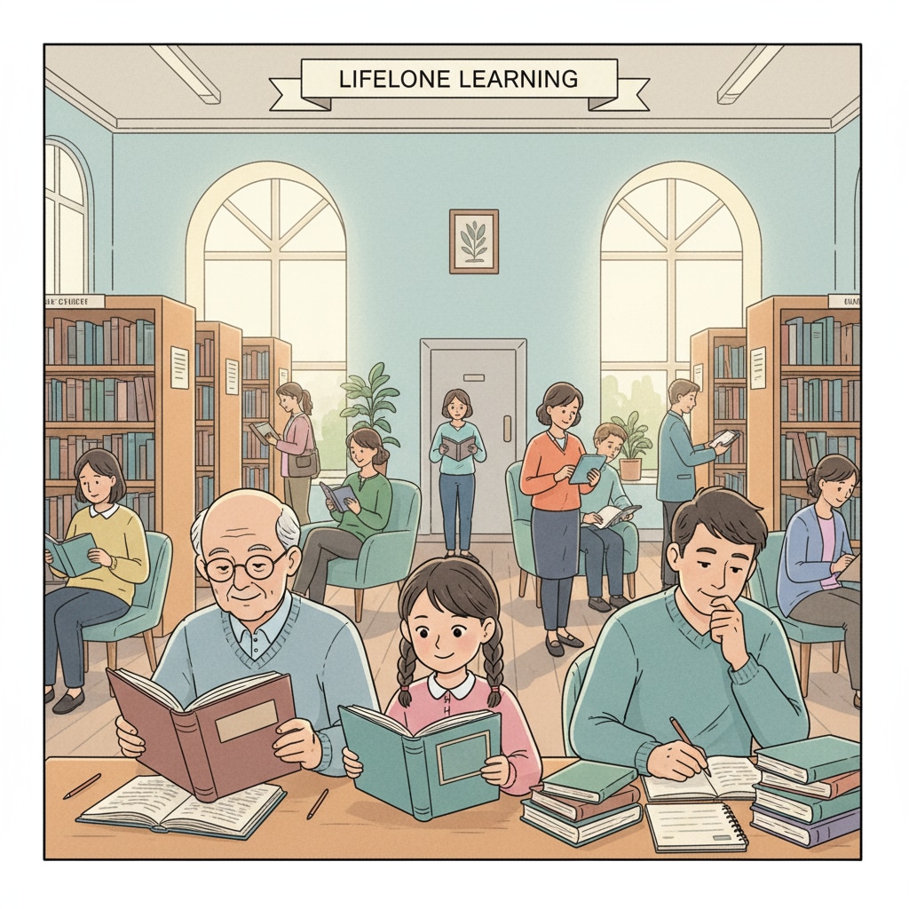 A group of people of different ages reading books in a library, with different expressions of concentration and interest, showing the act of lifelong learning in a peaceful environment. Lifelong learning in a library setting, involving people of various ages engaged in reading.