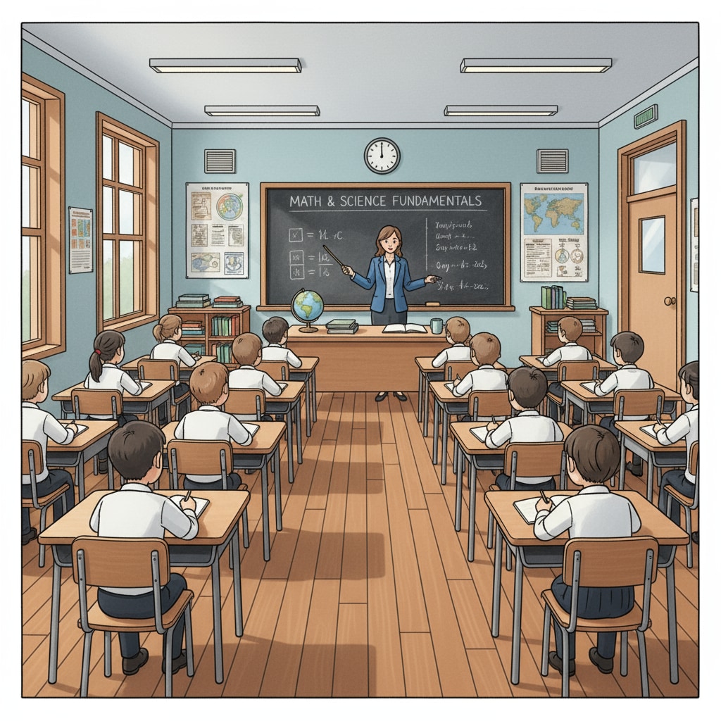A traditional classroom setup with rows of desks neatly arranged, a teacher standing in front of the blackboard, and students sitting attentively, depicting the structured nature of formal education. A typical formal education classroom scene with teacher and students.