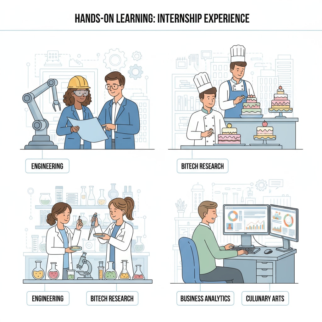 A group of students participating in an internship program, learning practical skills related to their future jobs Students gaining practical experience through an internship for better employment prospects after graduation
