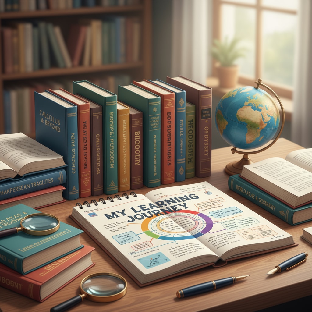 A student is sitting at a desk, surrounded by books from various subjects like math, science, and literature, with a notebook open, planning out their learning journey. A K12 student planning their learning plan involving multidisciplinary knowledge for personal courses