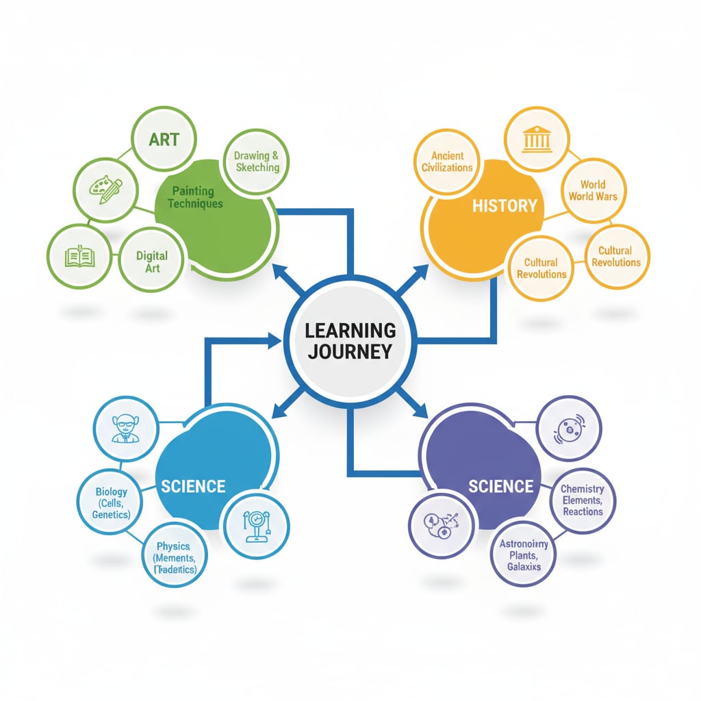 A visual representation of a mind map with different branches showing various learning interests such as art, history, and science. Mind map of diverse learning interests for personal courses and multidisciplinary learning
