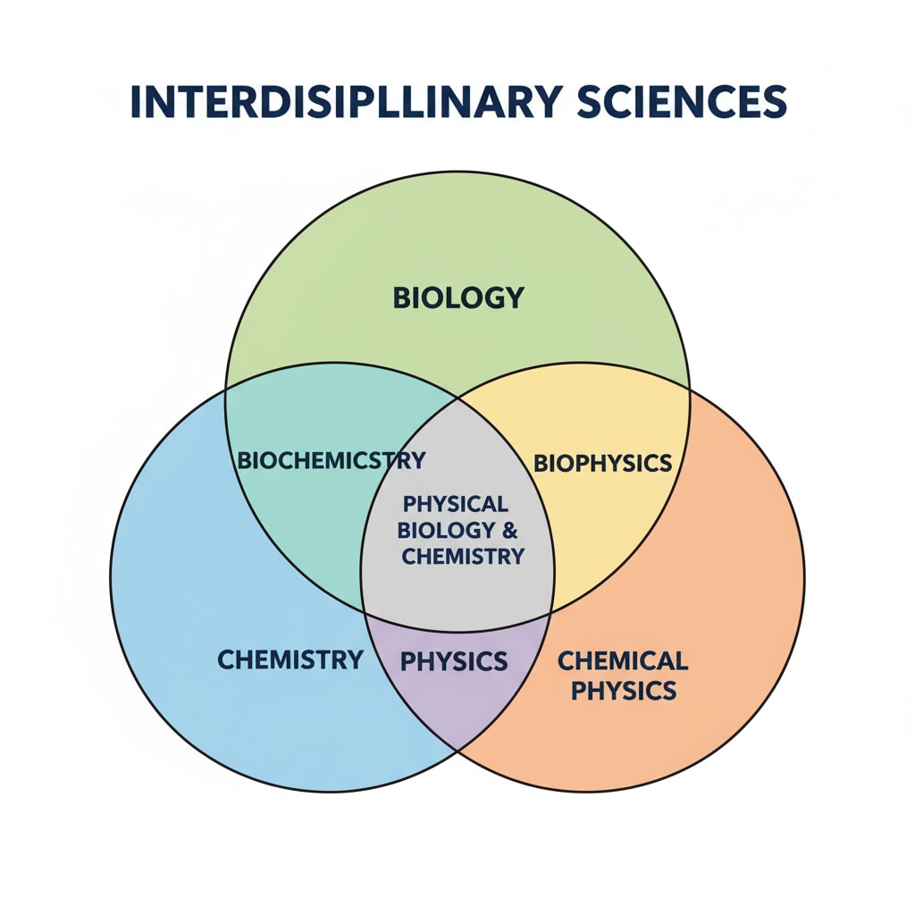 A Venn diagram with circles representing different academic disciplines like biology, chemistry, and physics, showing their overlapping areas. Multidisciplinary learning framework represented by a Venn diagram for personal courses