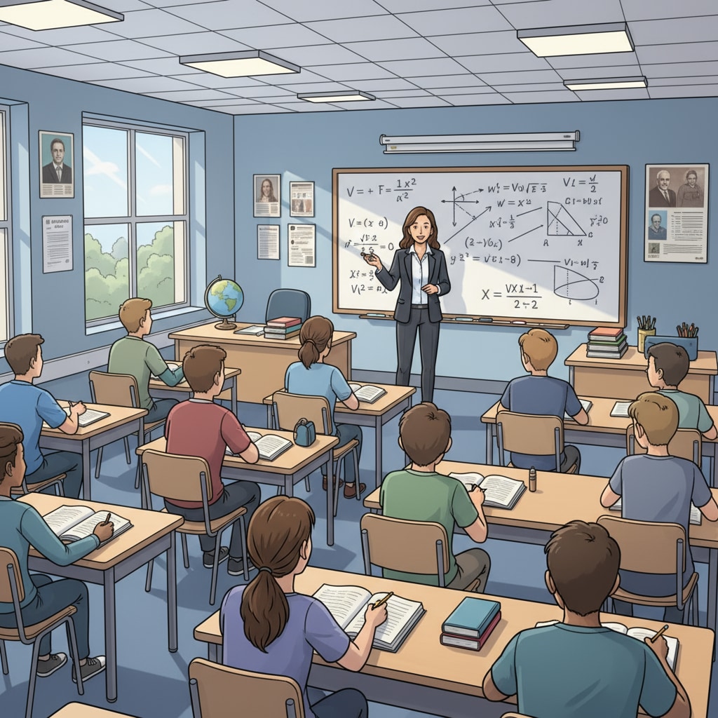 A classroom scene where students are sitting at desks, listening to a teacher explain advanced math concepts on a whiteboard. A classroom setting for learning advanced math in K12 education